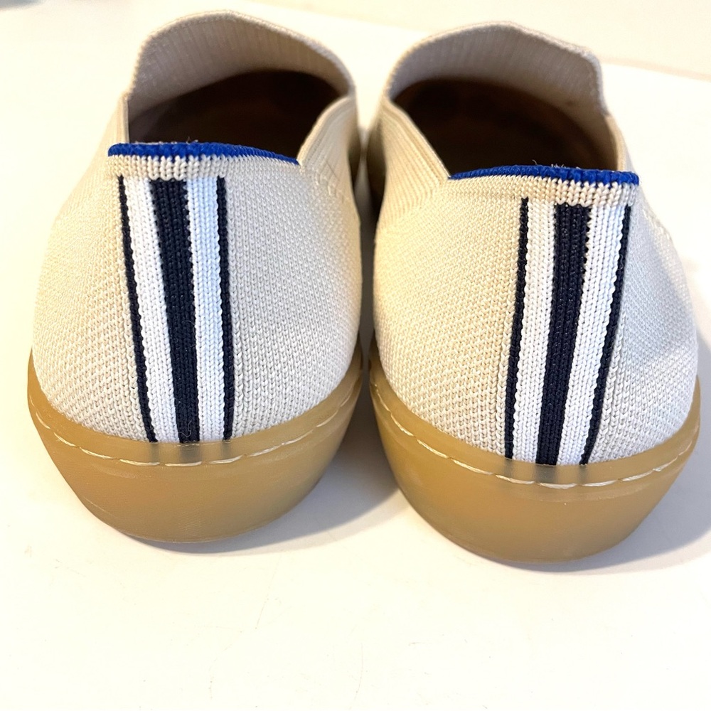 Rothy's Cream Slip-On Sneakers with Tan Sole and Blue Trim - Picture 2 of 6